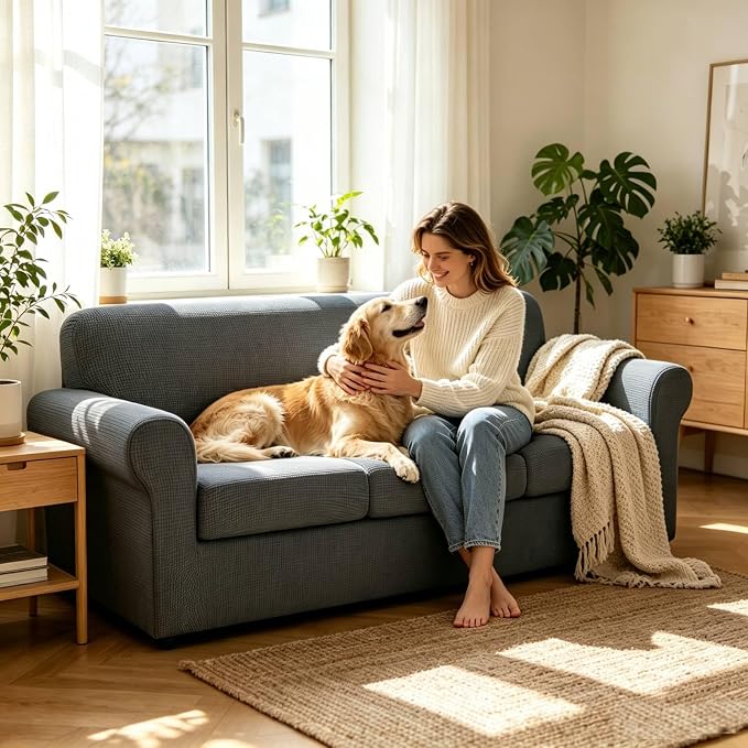 MAXIJIN 4 Piece Couch Covers for 3 Cushion Couch Super Stretch Sofa Cover for Dogs Pet Proof Fitted Furniture Protector Spandex Jacquard Non Slip Magic Couch Slipcover Washable (Large, Gray) - Image 2