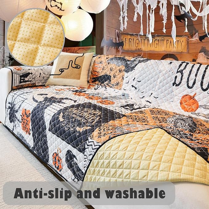 Cmfshape Halloween Sofa Slipcover-Black&Orange with Pumpkin,Spider,Pet Friendly Couch Covers for 3 Cushion Sofa,Washable Sofa Protector for Holiday,Anti-Slip with Elastic Band - Image 7