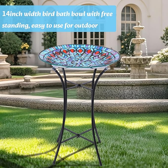 MUMTOP Mosaic Glass Bird Baths with Metal Stand for Garden Decor, Peacock | 14 Inch Width 19.68 Inch Height Outdoor Garden Peacock Bird Bath Bowl, Unique Glass Birdbaths Bird Feeder for Yard Decor - Image 4