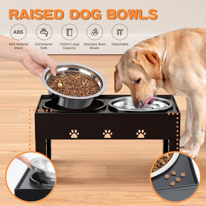 LAKIPETN Elevated Dog Bowls with Mat, Raised Dog Food Bowl Stand with 2 Stainless Steel Bowls, 5 Height Adjustable (3.1", 9", 10", 11", 12") Non-Slip Feeder Set for Medium and Large Dogs – Black - Image 4
