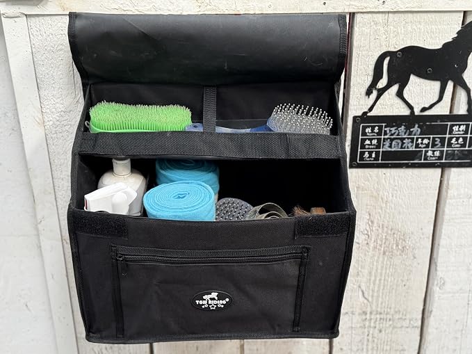Stall Front Organizer Bag, Black, Multi-Compartment Storage, Horse Grooming Supply Holder with Top Loading Design - Image 7