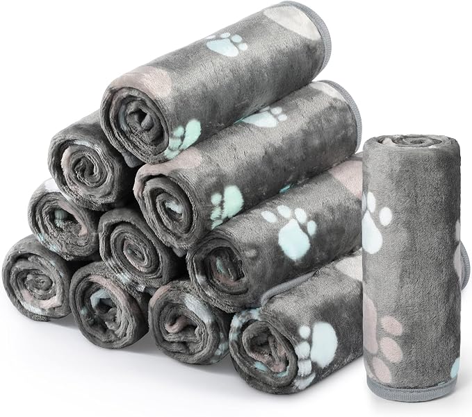 Tegeme 12 Pcs Pet Blankets 23 x 16 Inch Soft Fluffy Fleece Dog Cat Warm Paw Print Pattern Blankets Flannel Throw for Pets Dog Puppy Cat(Dark Gray) by Tegeme