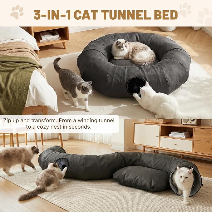 Extra Large Cat Tunnel, Cooling Natural Linen Big Tunnel for Large Cats, 47.2in Multi-Cat Family Long Cat Tunnel Bed with Washable Mat, Breathable & Durable Big Cat Tunnel for Cats, Dark Grey - Image 4