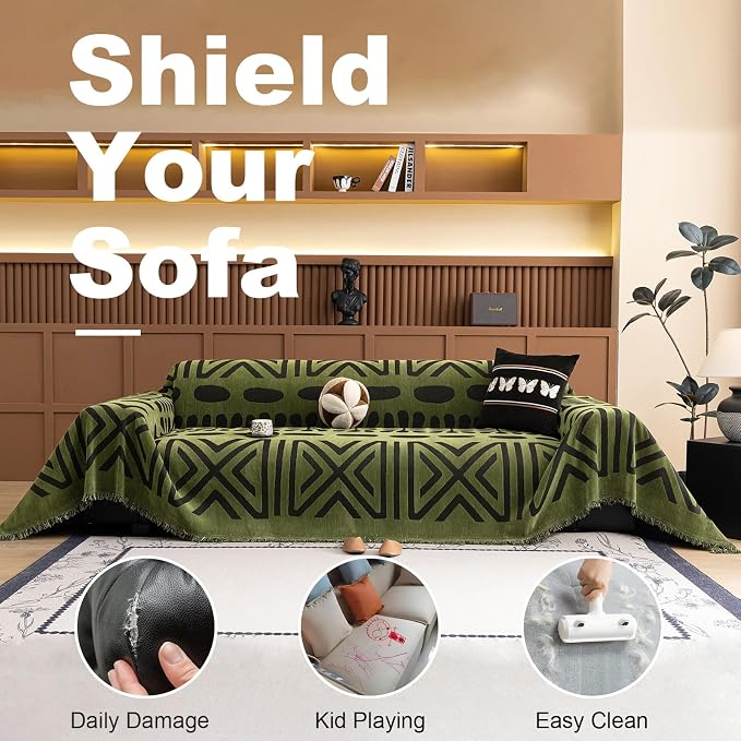VClife Bohemian Green and Black Couch Cover Western Aztec Sofa Cover for 2 Cushion Couch Sofa Washable Chenille Sofa Slipcover Boho Non Slip Geometric Couch Covers for Sectional Sofa 71''x118'' - Image 3