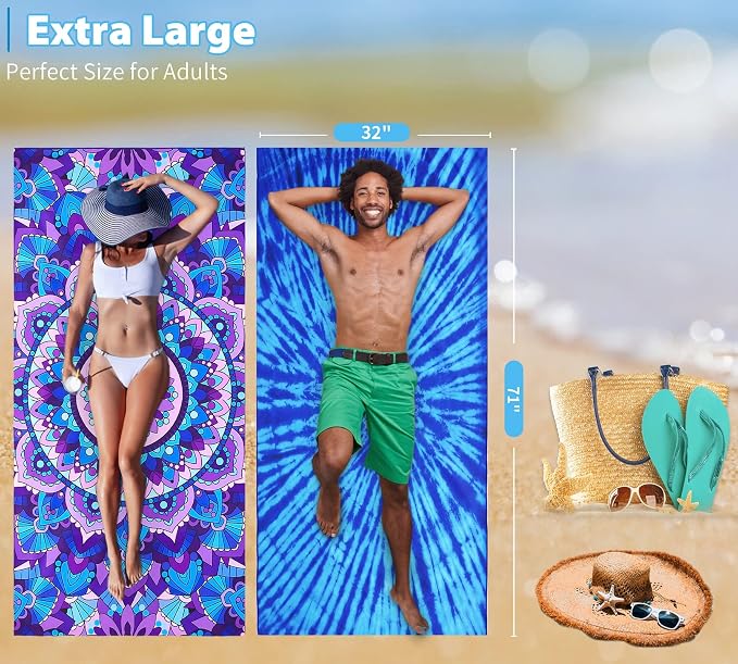6 Pack Microfiber Thin Lightweight Beach Towel Oversized 71x32 Extra Large Sand Free Towels for Travel Swim Pool Yoga Gym Camping for Adults Women Men Beach Essentials Accessories Vacation Gift - Image 3