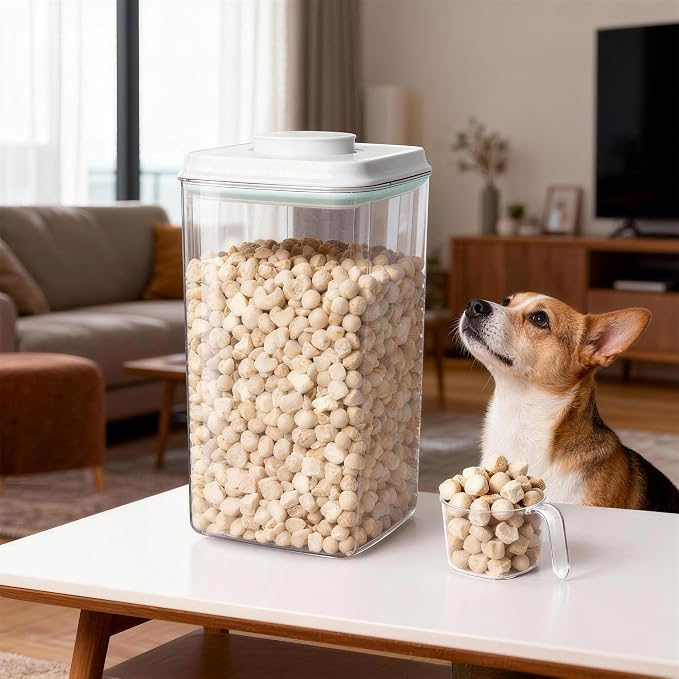 3-5 Lbs Dog Cat Treat Container Pop Pet Food Storage Container 4.2qt *2 | with 0.13qt Measure Scoop Airtight Stackable BPA-Free Pet Storage Bin Canister Pop Lid Plastic Container for Kibble & Treats - Image 7