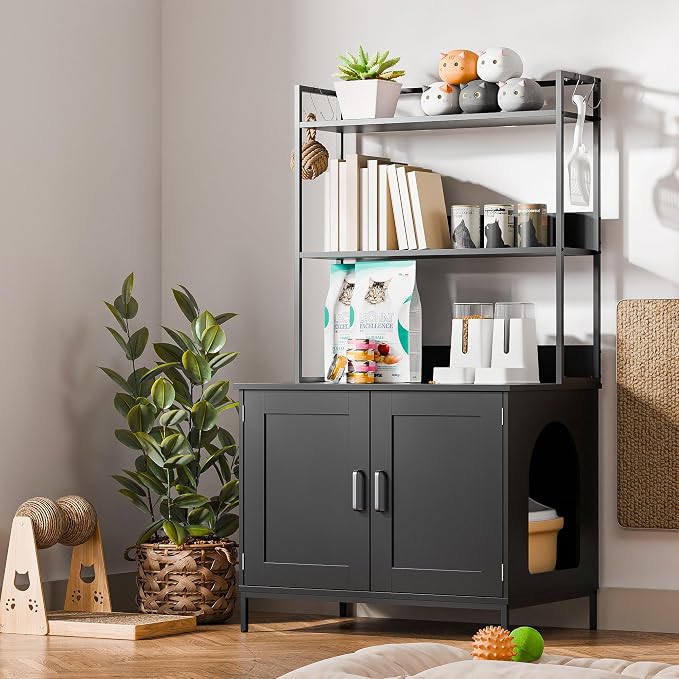 Cozy Castle Cat Litter Box Enclosure with Storage, 57'' Hidden Cat House Furniture, Wooden Cat Cabinet with Shelves & 4 S-Hooks, Indoor Cat Litter Box Organizer, Black - Image 8