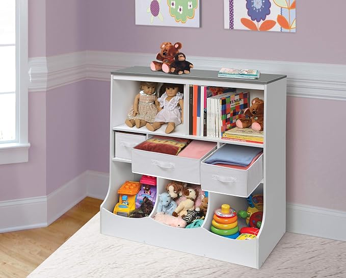 Badger Basket Combo Toy Storage Organizer and Bookshelf - Kids Storage Unit with 3 Removable Baskets, Open Shelves, Top Display Surface - White/Gray - Image 5