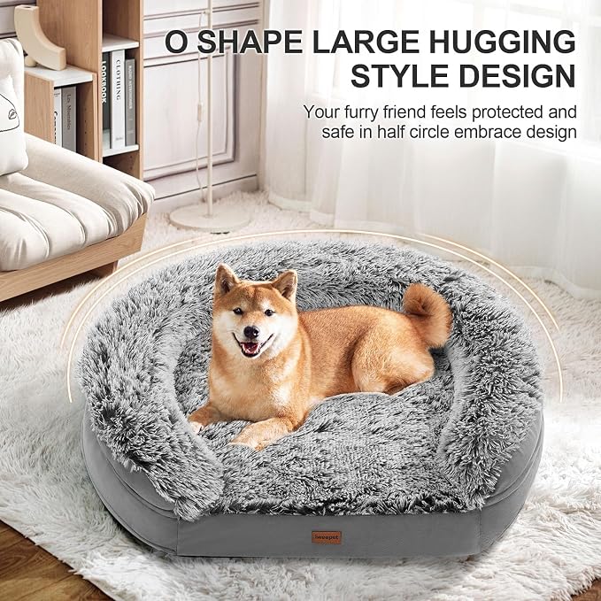 iweepet Fluffy Calming Orthopedic Dog Beds for Medium & Large Dogs, Supportive Dog Sofa Bed with 3.7 inch 28D Egg-Crate Foam, Removable Washable Plush Cover, Waterproof Lining, 41'',Grey - Image 6