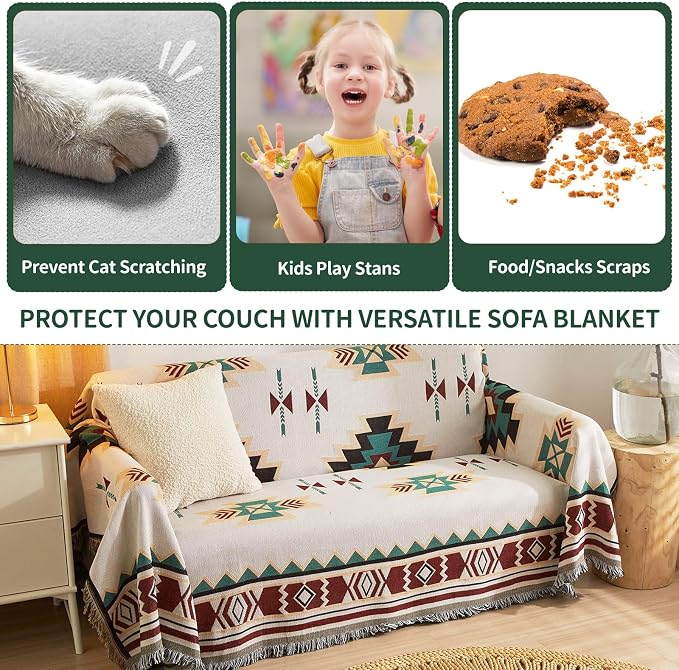 ROOMLIFE Aztec Couch Cover Blanket Boho Living Room Furniture Covers Farmhouse Home Decor Woven Sofa Covers Sectional Sofa Slipcover Soft Cozy Pet Couch Protector for Dogs Cats,71" X 134" - Image 2