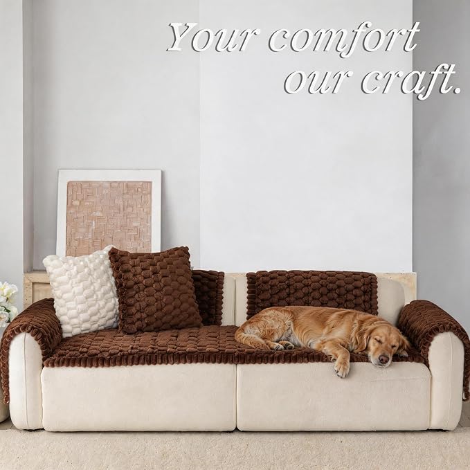 Upgraded Washable Non Slip Dog Couch Cover, Soft Thick Fuzzy Sofa Slipcover, Pet Friendly Furniture Protector for Sofa Couch(Brown,28"x71") - Image 3