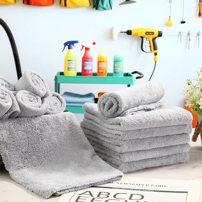 Shimeyao 30 Pcs 16 x 16 Inch Edgeless Microfiber Plush Towels for Cars Detailing Drying Wash Polishing Absorbent Cleaning Cloths, 500 GSM (Light Gray) - Image 5