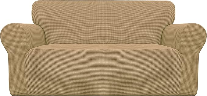 Easy-Going Stretch Loveseat Couch Covers Washable Golden | 1-Piece Loveseat Covers for 2 Cushion Couch Furniture Protector RV Sofa Slipcover Soft with Bottom for Kids Pets by Easy-Going