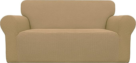 Easy-Going Stretch Loveseat Couch Covers Washable Golden | 1-Piece Loveseat Covers for 2 Cushion Couch Furniture Protector RV Sofa Slipcover Soft with Bottom for Kids Pets by Easy-Going