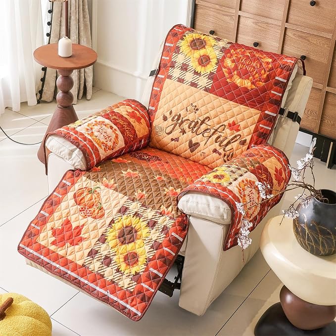 Cmfshape Thanksgiving Recliner Slipcover-Orange Checkered with Pumpkin,Pet Friendly Recliner Chair Covers,Washable Reclining Chair/Furniture Protector for Holiday,Anti-Slip with Elastic Band - Image 3