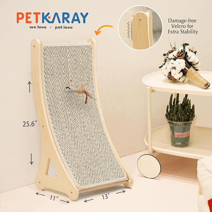 PETKARAY Curved Cat Scratcher, Sisal Kitty Scratching Ramp, L Shape Scratch Pad for Indoor Cats, 25.6" Furniture Protector with Mouse Toy, Chevron Style - Image 6