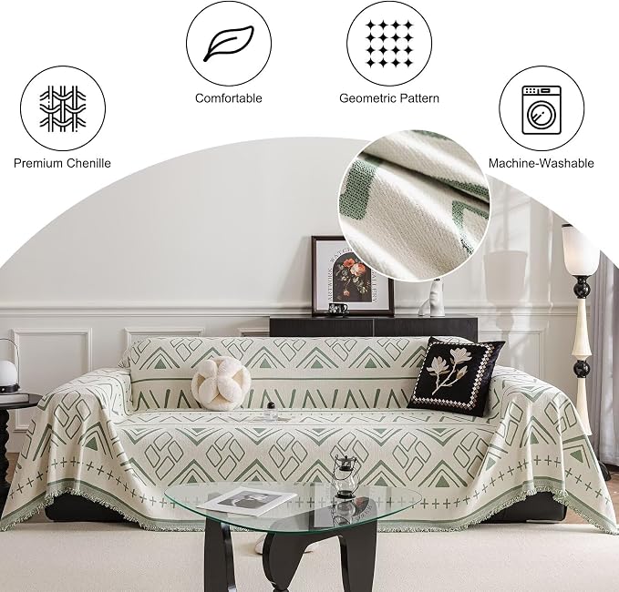 Soft Chenille Couch Cover for Dogs Washable,Extra Large Geometric Sofa Covers for 3 Cushion Couch,Pet Couch Slipcovers Protectors for Sofa,1 Piece All Season Cover Blanket Green 71"×134" - Image 3