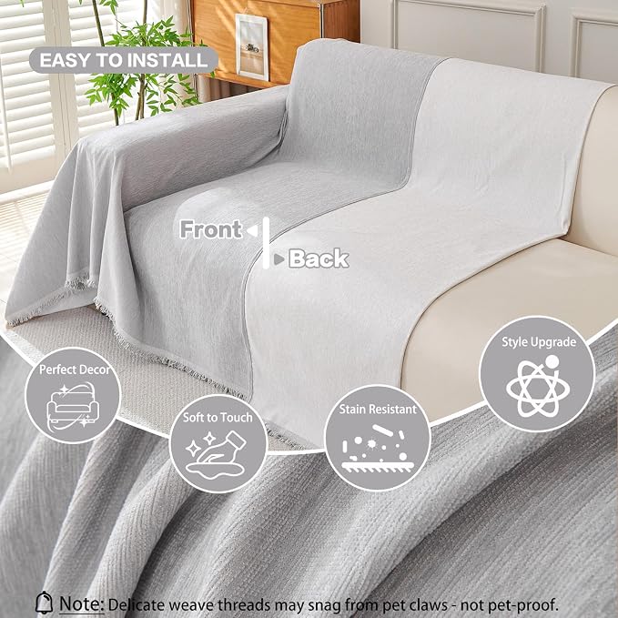 DREAMINGO Sofa Covers Washable Thick Chenille Couch Cover for 3 Cushion Couch Sofa Multi-Use Couch Cover Blanket Modern Pet Furniture Protector Sectional Couch Slipcover 71"x150", Light Grey - Image 3