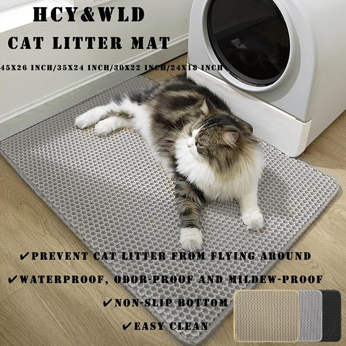 HCY&WLD Cat Litter Mat, 45x26/35x24/30x22/24x18 Inch Double Layer Cat Litter Box Mat, EVA Non-Slip, Waterproof Urine Proof Cat Litter Catcher Mat, Easy Clean Scatter Control (30x22 Inch, Khaki) - Image 2