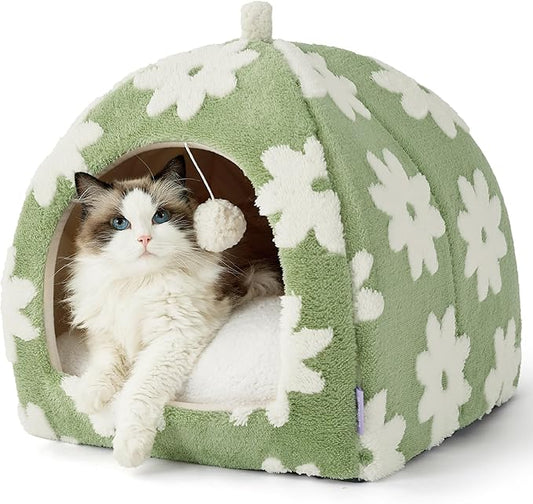 Lesure 2in1 Cute Cat House for Kitten with Washable Cushioned Pillow,17.3in | Cat Beds for Indoor Cats,Small Pet Cave Tent,Cozy Enclosed Foldable Hideaway,Fluffy Ball,Anti Slip Bottom,Hand Strap,Green by Lesure