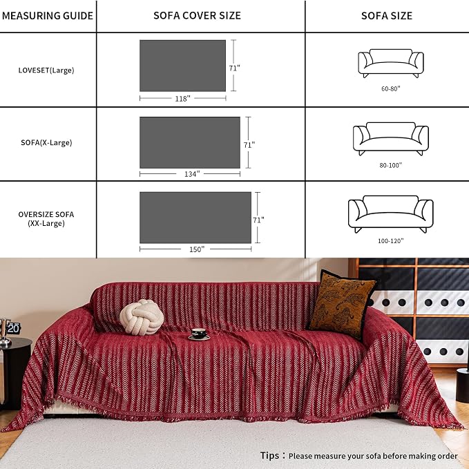 Sofa Covers for 3 Cushion Couch Seat, Loveseat Non Slip Couch Cover Chenille Strip Couch Throw Blankets with Tassels, Sectional Sofa Slipcovers Furniture Protector for Pets, Kids 71"x134", Wine - Image 4