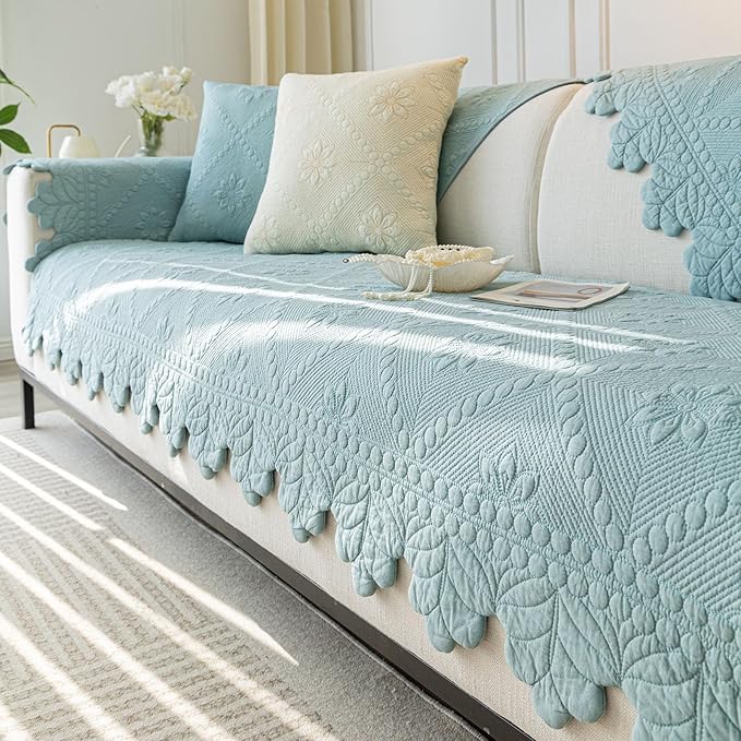 Cotton Quilted Dog Couch Cover for Sofa Farmhouse Rustic Embroidery Sectional Couch Cover Soft Anti-Slip Sofa Slipcover Furniture Protector for Kids, Pets (Blue,36"x82") by WelcometoXSlive