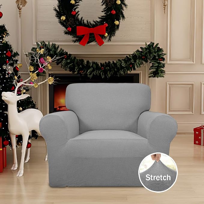 Easy-Going Stretch Chair Slipcover with Arm Washable Light Gray | 1-Piece Couch Sofa Cover Furniture Protector for Living Room Soft with Bottom For Kids, Pet. Spandex Jacquard - Image 2