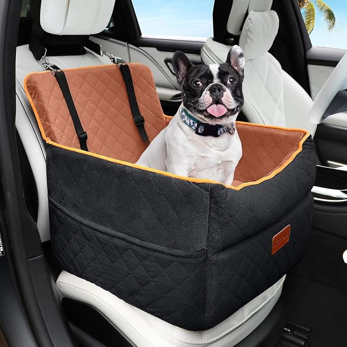 HEGGCOOE Small Dog Car Seat, Memory Foam Dog Booster Seats with Thick Cushion for Medium Dogs Under 35lbs, Detachable Washable Pet Car Seat Travel Bed with Storage Pockets,2 Safety Belts by HEGGGCOOE