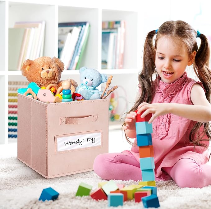 11 Inch Storage Cube,Storage bin,cube storage (Set of 10) Foldable Fabric Cube Storage Bins with 10 Labels Window Cards & a Pen,Baskets Containers for Shelves,Closet Organizers Box,Pink - Image 5