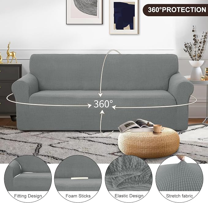 U-NICE HOME Stretch Couch Cover Slipcover for 3 Cushion Sofa, Grey | 1-Piece Sofa cover, Washable, Pet friendly, Furniture protector, Polyester Spandex Jacquard fabric - Image 3