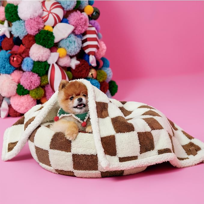 LE SURE Waterproof Dog Blankets for Small Dogs Cute Cozy 3D Jacquard,25x35 | Puppy Blanket for Cat Aesthetic Gift, Warm Soft Sherpa Throw Washable, Reversible Pet Couch Protector, Brown Checks - Image 2