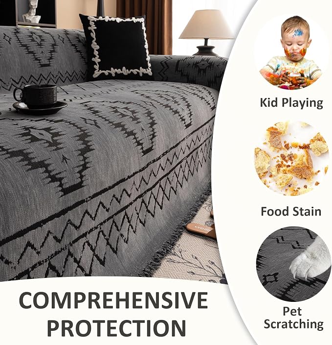 VClife Couch Cover Bohemian Tribal Sofa Cover Washable Sofa Protector, Non Slip Dark Gray Couch Covers for 2 Cushion Couch Sofa Thick Soft Chenille Sofa Slipcover 71"X118" - Image 3