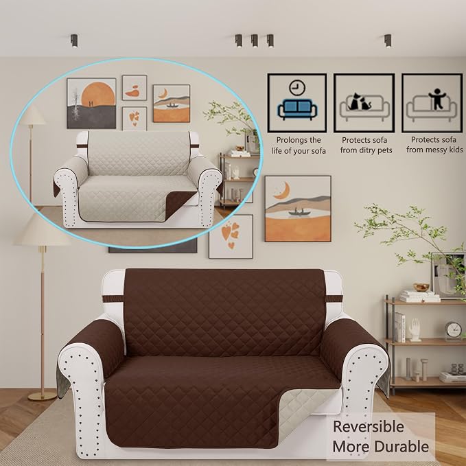 Reversible 45" Small Loveseat Sofa Covers, Brown/Beige | Loveseat Covers for Dogs Water Repellent, Friendly Furniture Protector with Elastic Straps for Living Room - Image 2