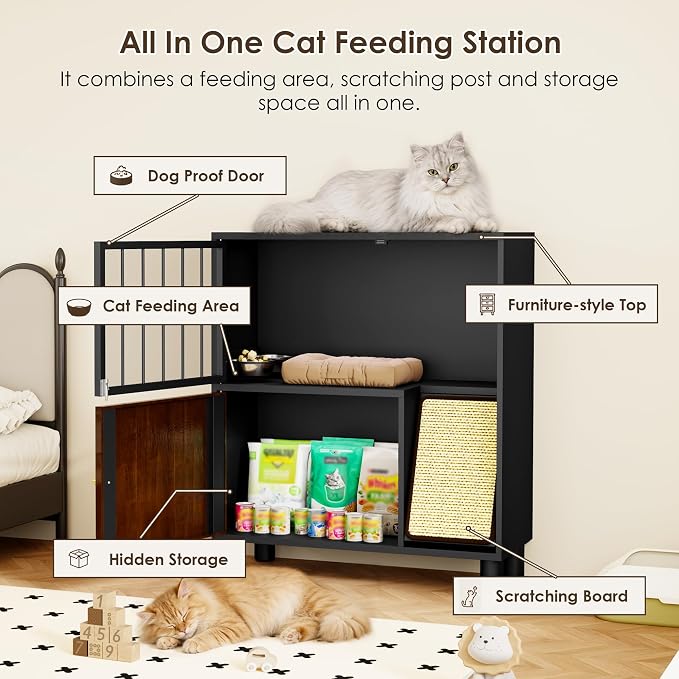 Dog Proof Cat Feeding Station, Metal Cat Feeding Cabinet, Black | Elevated Cat Feeding Station, Pet Food Station with Storage, Cat Bowl Stand, Scratching Board, Stainless Steel Bowls - Image 3