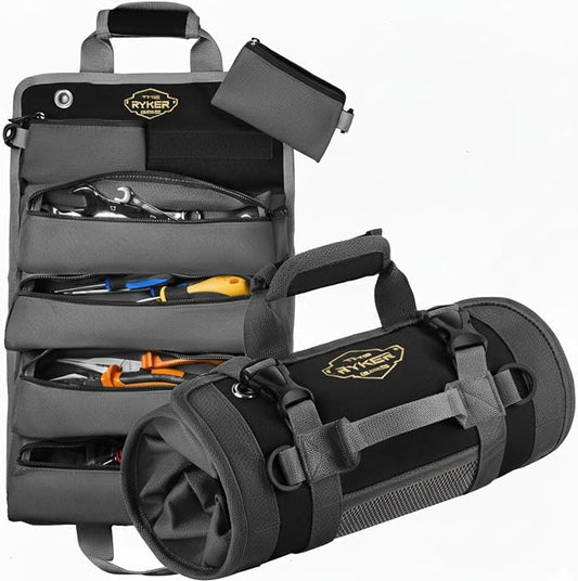 Ryker Original Heavy Duty Roll Up Tool Bag Organizer w/Detachable Pouches | Small Tool Kit Pouch Work Bag for Contractor, Mechanic, Technician, Electrician & HVAC Tools. Portable Camping Rollup Toolbag by TheRykerBag