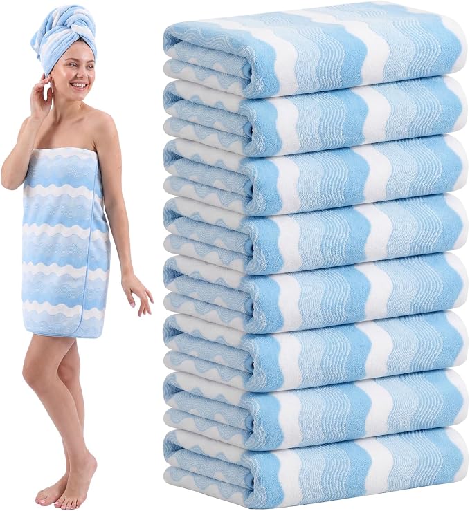 SmoothNovelty 8 Pack Microfiber Bath Towels Bulk 27'' x 60'' Oversized Bath Towel Highly Absorbent Extra Large Shower Sheets Soft Drying for Beach Pool Bathroom Salon Party(Blue) by SmoothNovelty