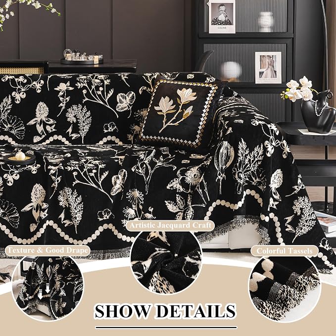 STACYPIK Vintage Botanical Print Couch Cover for Dogs, Jacquard Floral Black Sofa Covers for 3 Cushion Couch, Farmhouse Chenille Couch Protector for Loveseat, Sectional Slipcovers Washable-71X134IN - Image 3