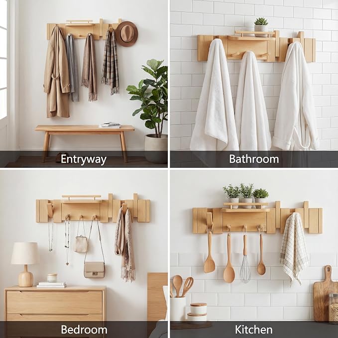 Mid Century Modern Wood Coat Rack Wall Mount with Shelf, 7 Hooks, Natural | Wood and metal wall rack with fold-down piano-key hooks and display shelf organizes coats, bags, keys and decor up to 25 lb. - Image 2