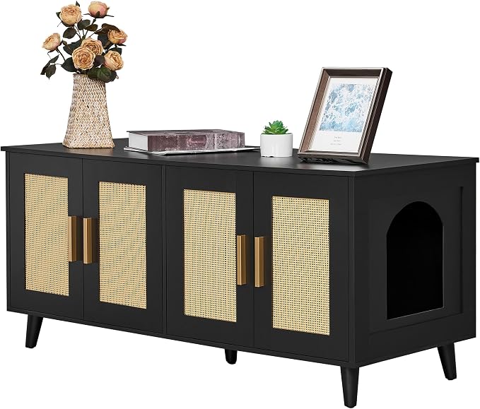 Homhedy Boho Cat Litter Box Enclosure for 2 Cats, Black and Natural | Hidden Litter Box Furniture with Double Rattan Decorated Doors, Cat Washroom, Cat House, Dog-Proof, TV Stand by Homhedy