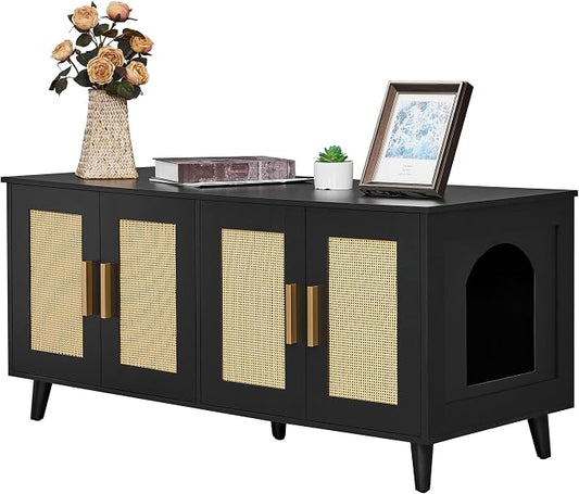 Homhedy Boho Cat Litter Box Enclosure for 2 Cats, Black and Natural | Hidden Litter Box Furniture with Double Rattan Decorated Doors, Cat Washroom, Cat House, Dog-Proof, TV Stand by Homhedy