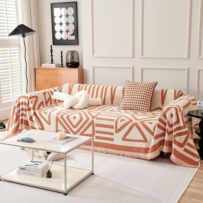 VClife Bohemian Sofa Covers for Dog, Washable Pet Slip Cover for Couch Sofa, Soft Cooling Chenille Couch Cover for 3 Cushion Couch Sofa Living Room Furniture Protector, Caramel-White, 71"X134" - Image 2