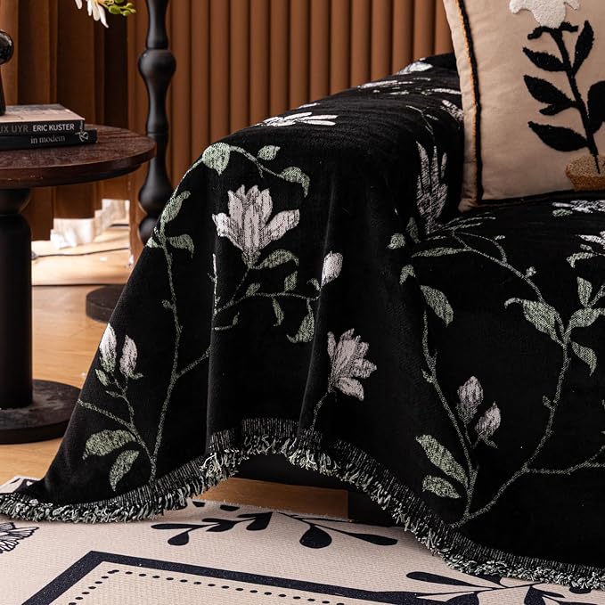 STACYPIK Vintage Floral Jacquard Couch Cover for Dogs, Countryside Chenille Sofa Covers for 2 Cushion Couch Washable, Non Slip Couch Protector for Sectional Throw Slipcover Blanket, Black-71X118IN - Image 7