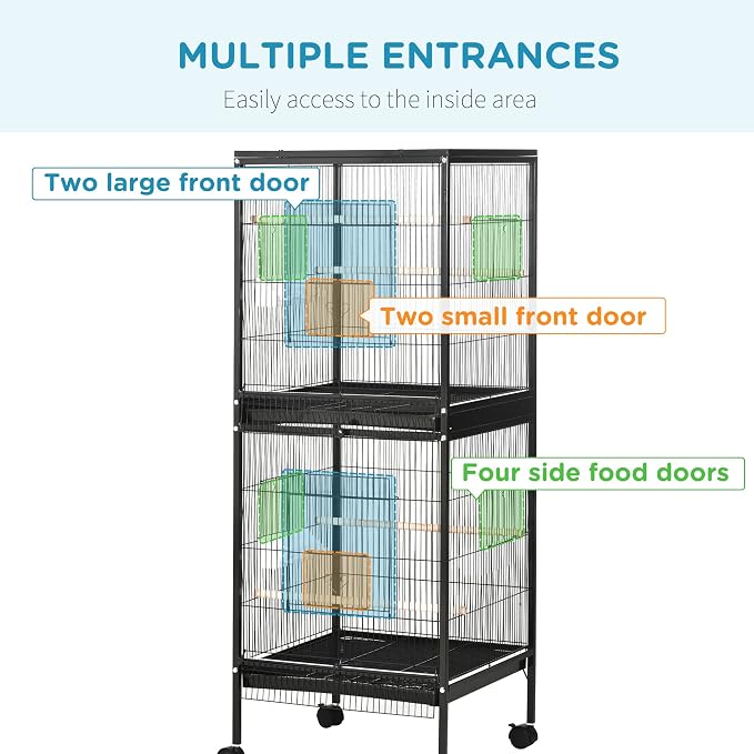 PawHut Large Bird Cage 1.7 ft. Width for Wingspan 55", Black | Bird Aviary Indoor, Multi-Door Design, Fit for a Canary, Finch, Conure - Image 4