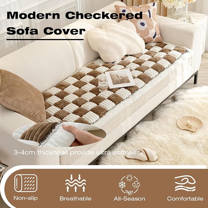 Fuzzy Couch Cover for Dog, Modern White Brown Checkered Couch Cushion Cover | Non Slip Couch Cover for 2 Cushion Couch Sofa Pet Friendly, Washable Sofa Cover Durable Anti-pilling Furniture Protector - Image 3