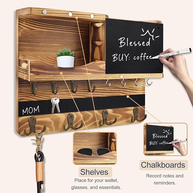 Key Holder for Wall Mount with Shelf and Mail Organizer, Key and Mail Holder with 16 Hooks, Farmhouse Entryway Organizer, Home Decor Rack(Pine Wood, Wood Color) - Image 7