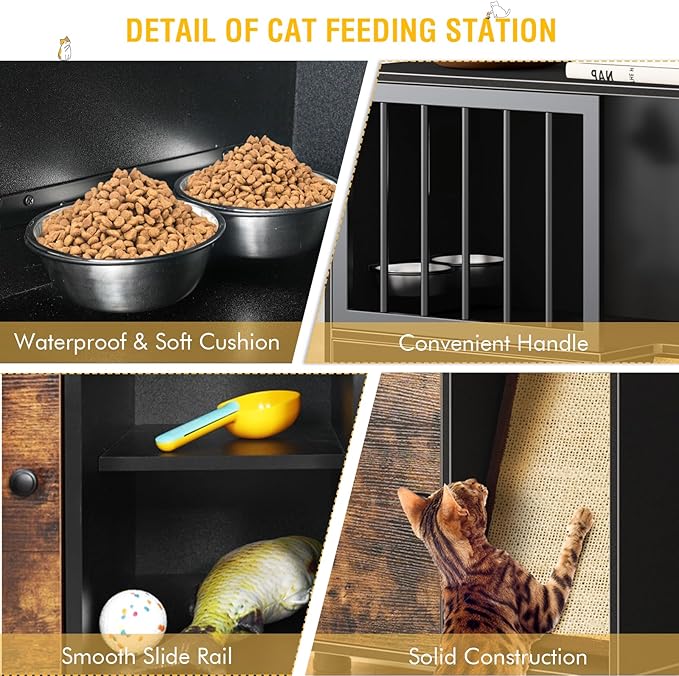 Dog Proof Cat Feeding Station, Cat Feeding Station with Scratching Board, Raised Bowls for Indoor Cats, Elevated Food Bowls with Stand, Vintage Black Furniture - Image 5