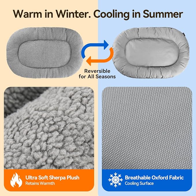 XL Dog Bed Washable for Crate Extra Large Breeds 47x35 Dual-Sided | Reversible Plush & Oxford Pad, Warm & Cooling Cushion, All Seasons Comfort, Soft Thick Support, Oval, Grey Durable Fabric - Image 2
