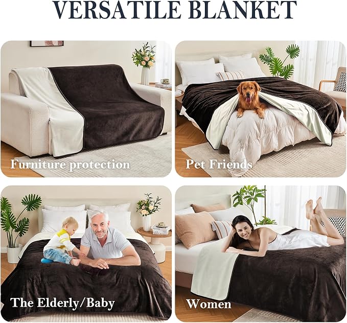 Waterproof Blanket 40"x60" for Adults, Reversible Waterproof Bed Cover for Dogs Cats Pets, Soft Leakproof Blanket for Bed Couch Sofa Furniture Protector, Brown/Off White - Image 4