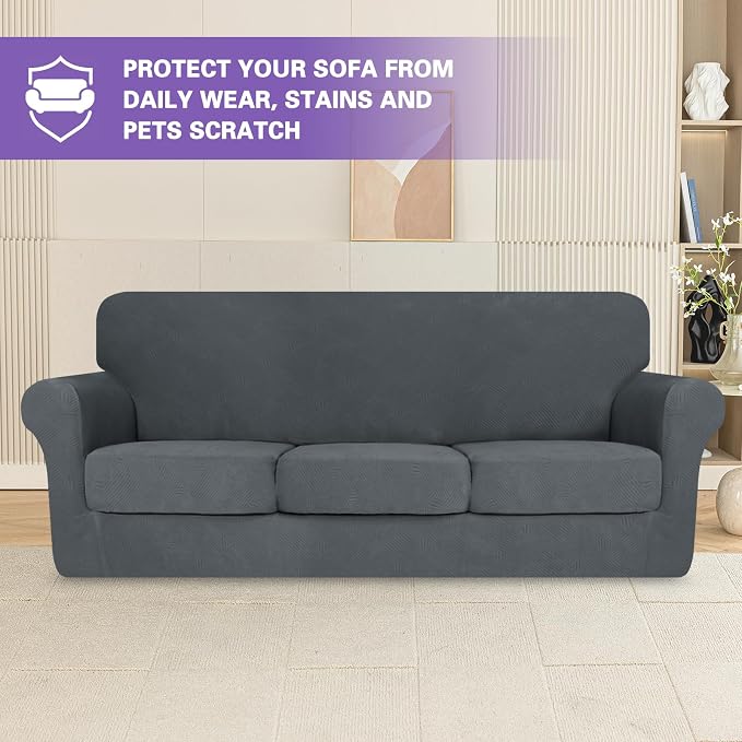 ZNSAYOTX 4 Piece Stretch XL-Sofa Covers (91"-110") for 3 XL Cushion Couch, Thick Couch Cover with Elastic Band Bottom Ties Non-Slip Stay in Place, Soft Durable Oversized Slipcovers, Dark Grey - Image 2
