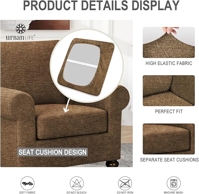 URBANLIFE 2-Piece Stretch Sofa Covers for 1 Cushion Couch, Brown | Super fitted spandex slipcovers for couches. Non-slip elastic bottom. Machine washable furniture protector for kids & pets. - Image 6